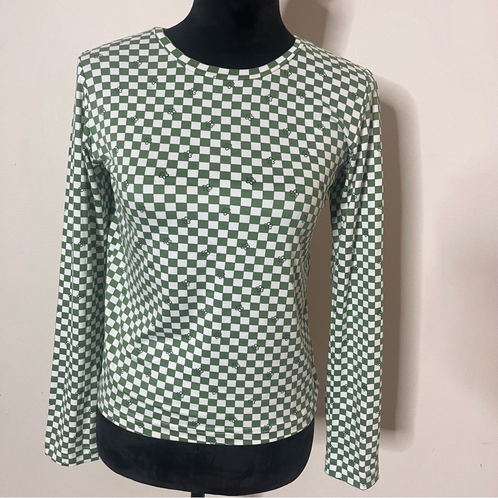 Women’s Kitchen Green & White Checkered/Floral print Crewneck Soft Tee‎ Sz M NWT